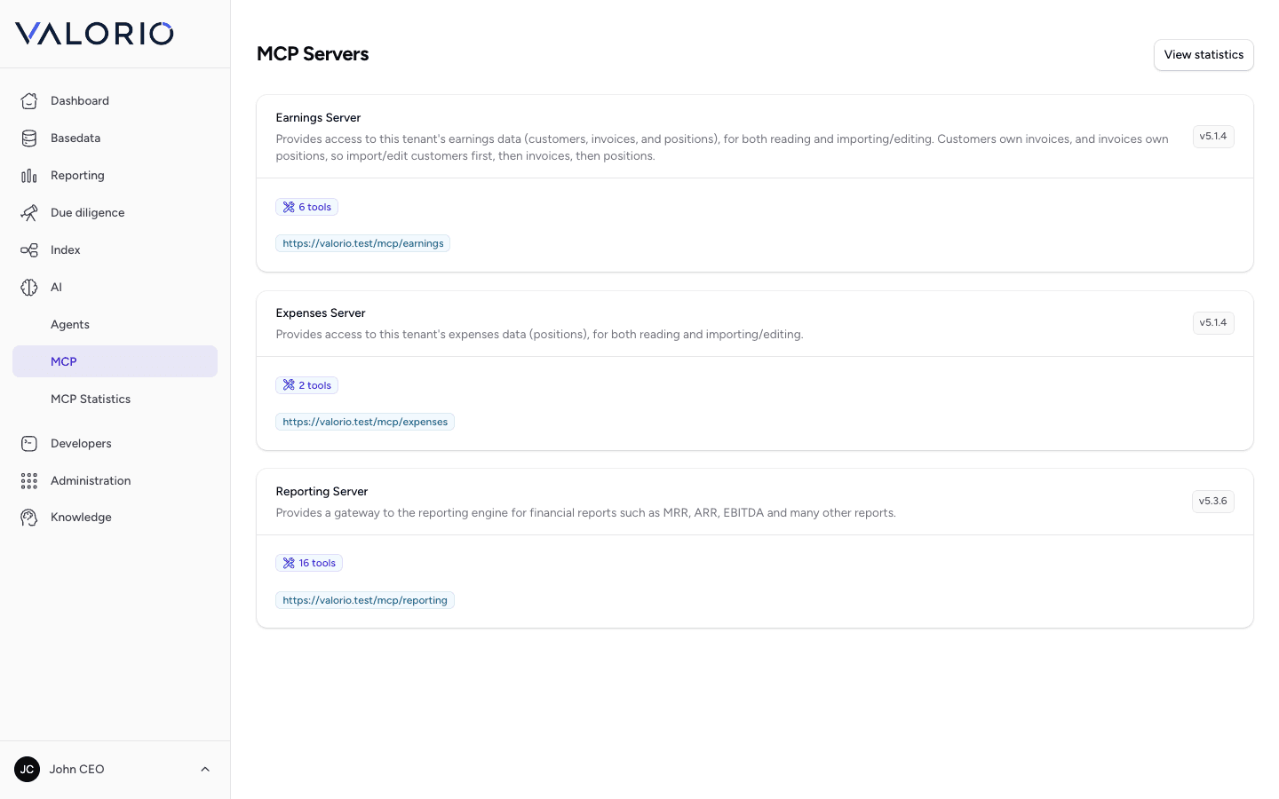 VALORIO MCP Servers screen listing the Earnings, Expenses, and Reporting MCP servers with their endpoint URLs and tool counts