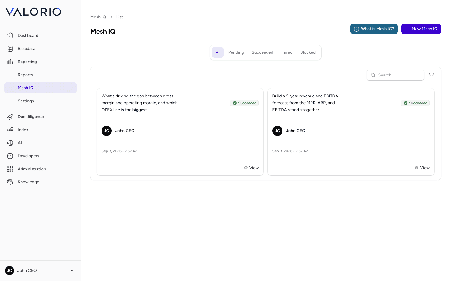 VALORIO Mesh IQ queue showing two cross-report AI requests, both succeeded