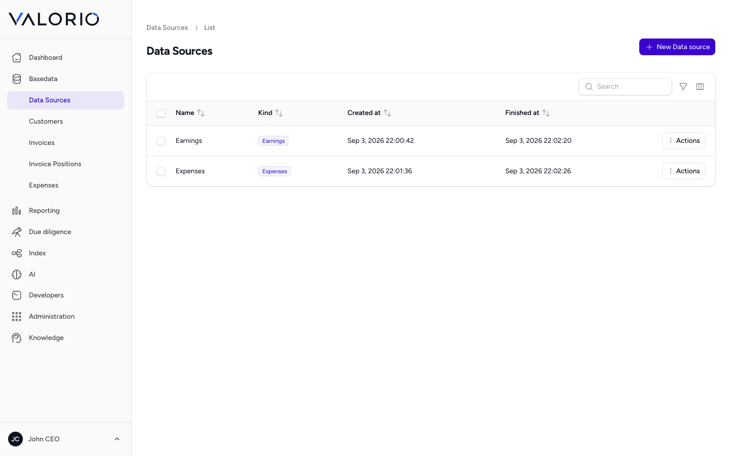 VALORIO Data Sources screen listing two connected sources, an Earnings feed and an Expenses feed, with their last run times