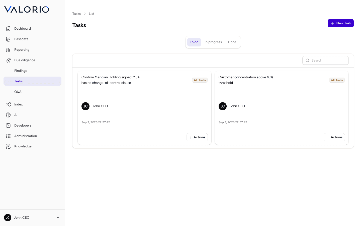 VALORIO Tasks screen under Due diligence, listing follow-up work assigned to the team across To do, In progress, and Done tabs